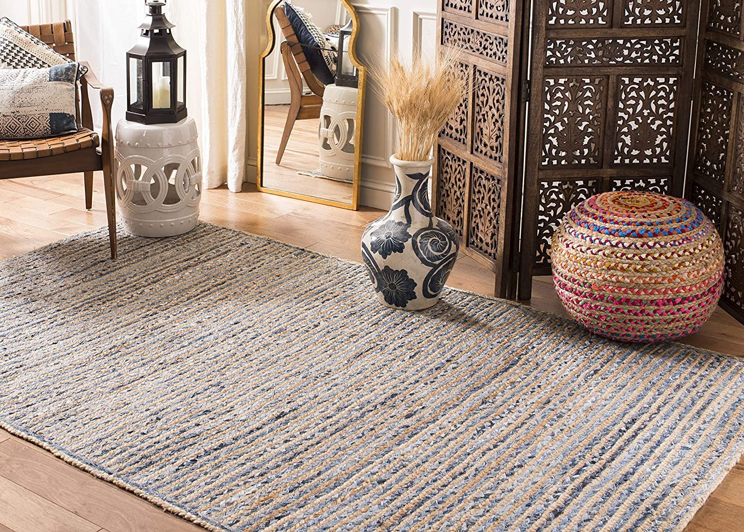 Ripaz - Stuoia Tappeto Rettangolare in Juta con Tessuto in Denim Intrecciato a Mano, 150 x 210 cm