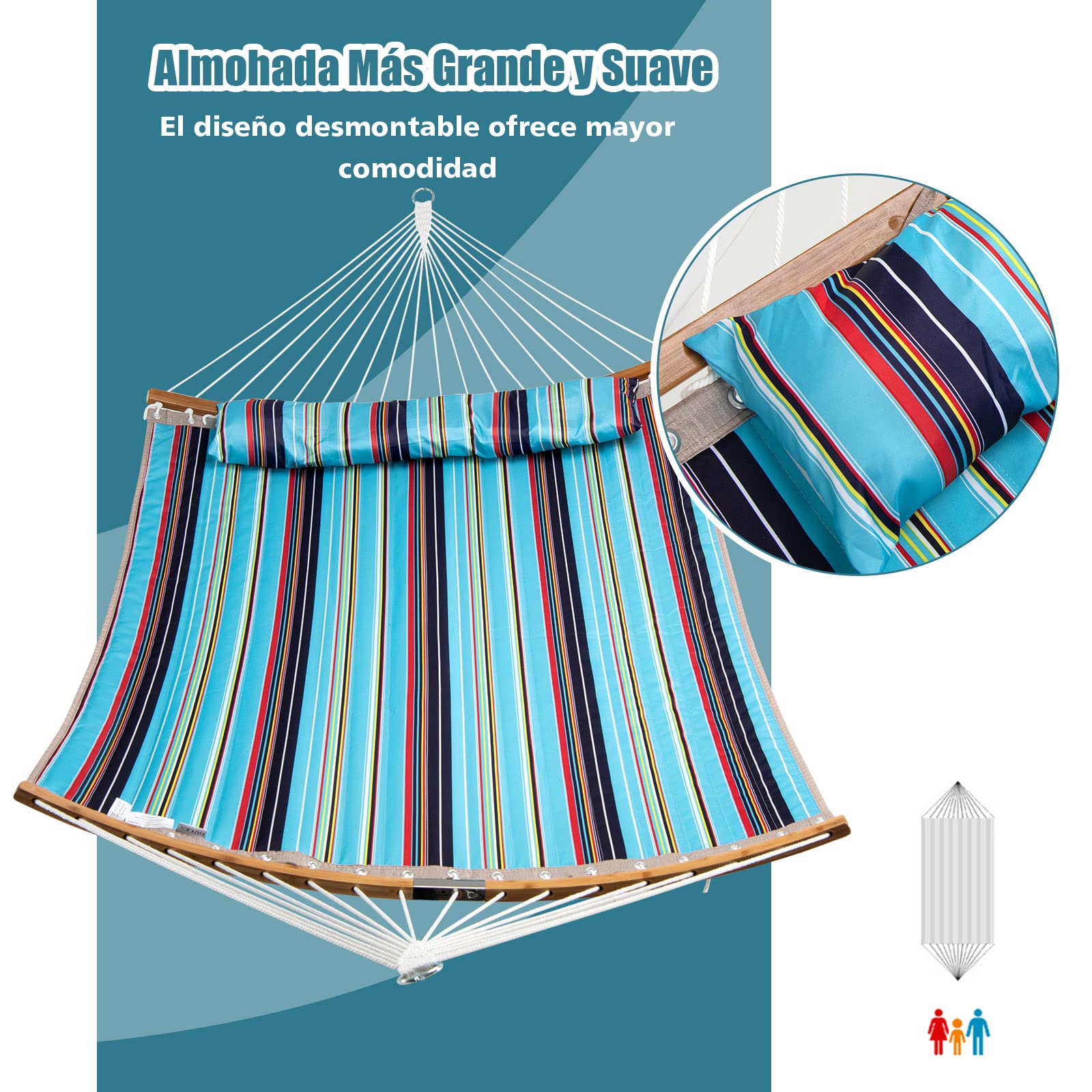 COSTWAY Hamaca Resistente, Hamaca de Exterior con Almohada Desmontable, Barra Separadora en Bambú Curvado, Hamaca Portátil para Patio Playa Jardín 189 x 135 cm, 150 kg (Azul)