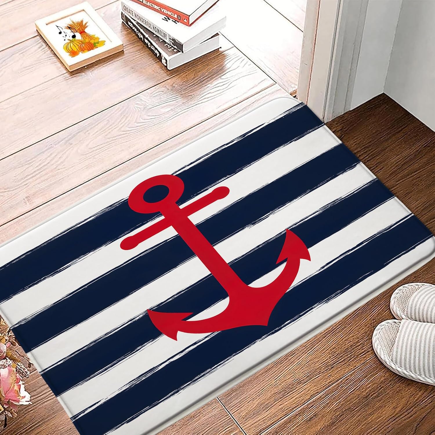 Nautical Anchor Bath Mat Navy Blue and White Geometric Stripes Red Anchor Ocean Navigation Creative Bathroom Rug,Home Decor Floor Mat,Indoor and Outdoor Rug,17.8X29.5 Inch