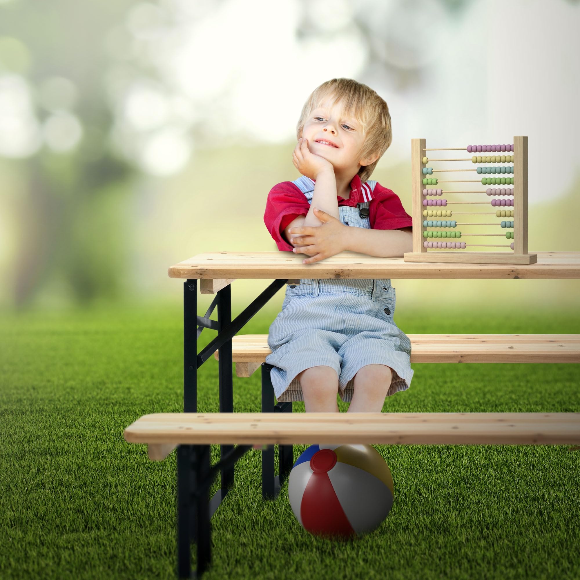 ML-Design Set da Picnic per Bambini 3 Pezzi Pieghevole Naturale/Verde Legno Massello e Metallo Set con Tavolo e 2 Panche per Esterno Arredo Giardino Tavolo da Festa per Bambini Gruppo Sedute da Picnic
