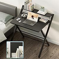 Vista 7 de GreenForest Escritorio plegable sin montaje, escritorio compacto de 2 niveles para computadora con estante, mesa plegable que ahorra espacio