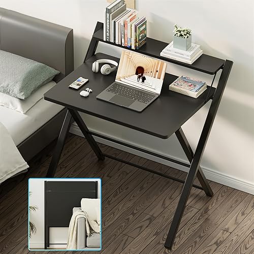 Miniatura 7 de GreenForest Escritorio plegable sin montaje, escritorio compacto de 2 niveles para computadora con estante, mesa plegable que ahorra espacio para
