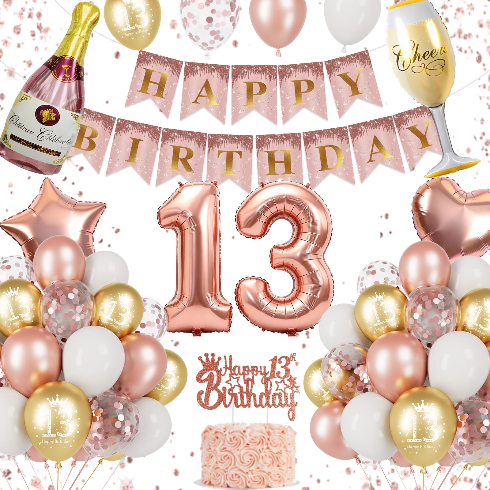 13th Birthday Decorations, Rose Gold 13th Birthday Decorations for Girls, Happy Birthday Banner, 13th Birthday Balloons, Cake Topper, Champagne Bottle, Wine Glass Foil Balloons, 13th Party Supplies — image 1