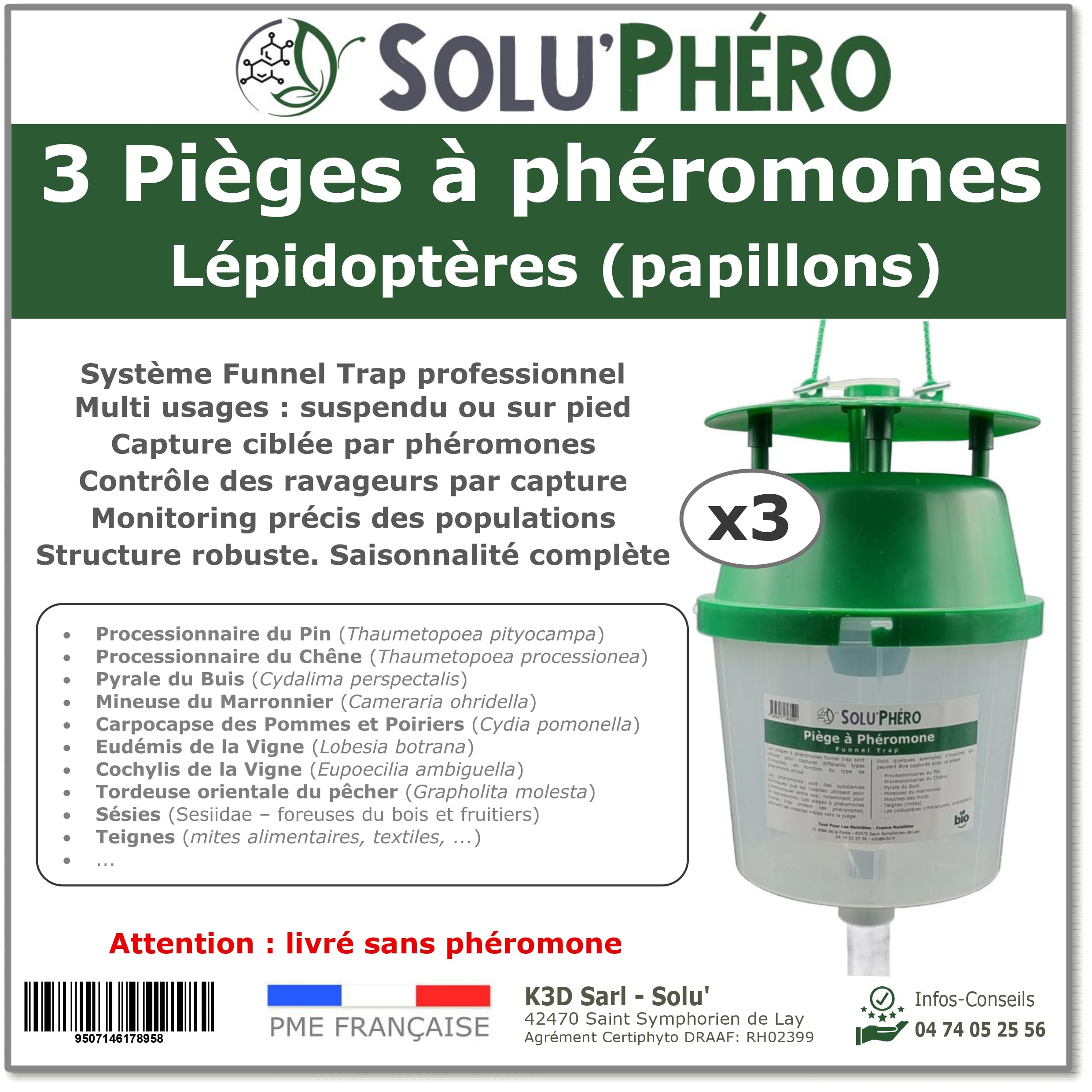 Lot de 3 Pièges à Phéromones Funnel Trap, SOLU'PHERO – Piège Papillons Lépidoptères – Usage Jardin & Vergers – Piège Réutilisable à Suspendre ou sur Pied – sans Phéromone