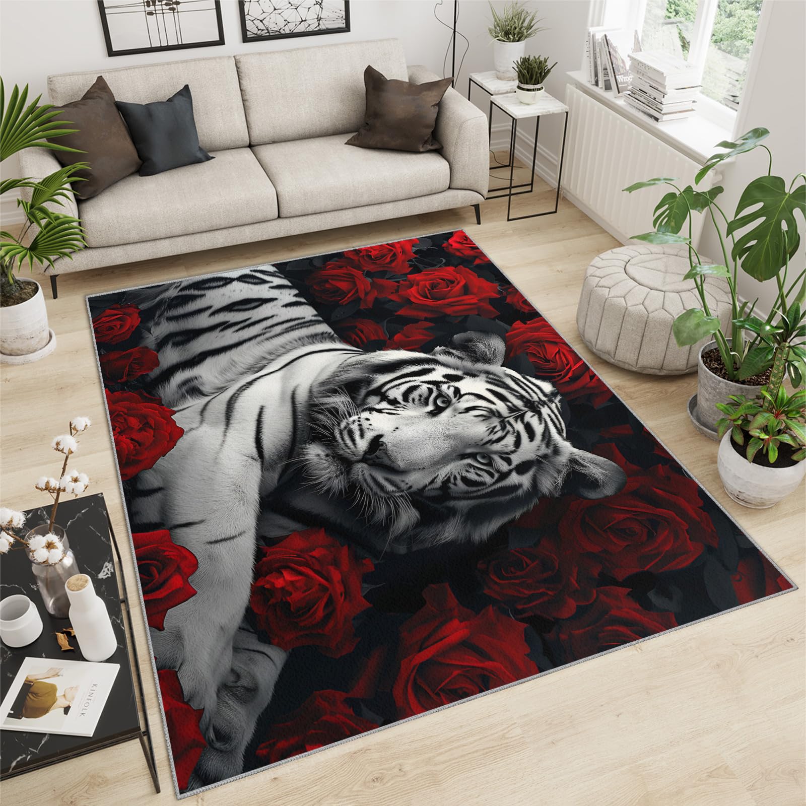 White Tiger Rug for Bedroom - Rose Tiger Rugs for Boys Room, Wild Animals Area Rug, Washable Carpet for Kids Dormitory Living Room Farmhouse 180x240cm