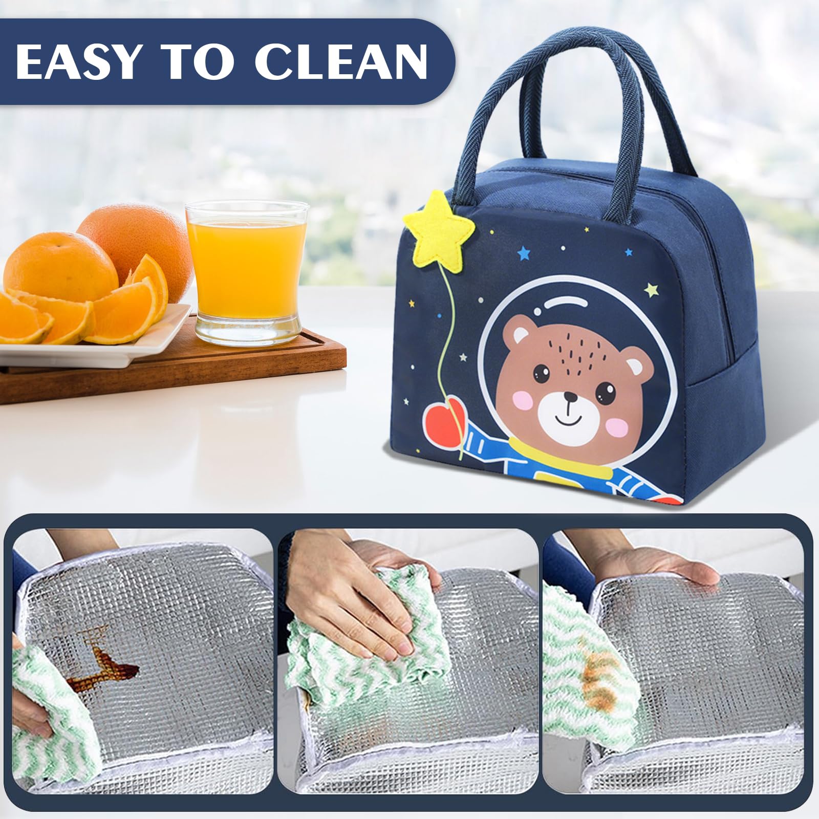 Insulated Reusable Lunch Tote Bags Cartoon Portable Lunch Box for Work Office Picnic Beach Space Bear — view 7