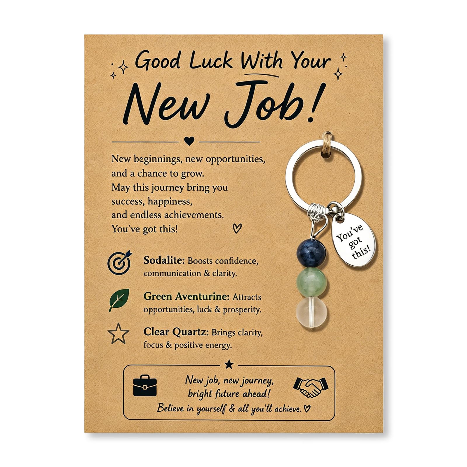 AIKOBAA Good Luck Gifts for New Job – Crystal Keychain with Sodalite, Green Aventurine & Clear Quartz, ‘You’ve Got This!’ Charm, Encouragement Card for Her Him