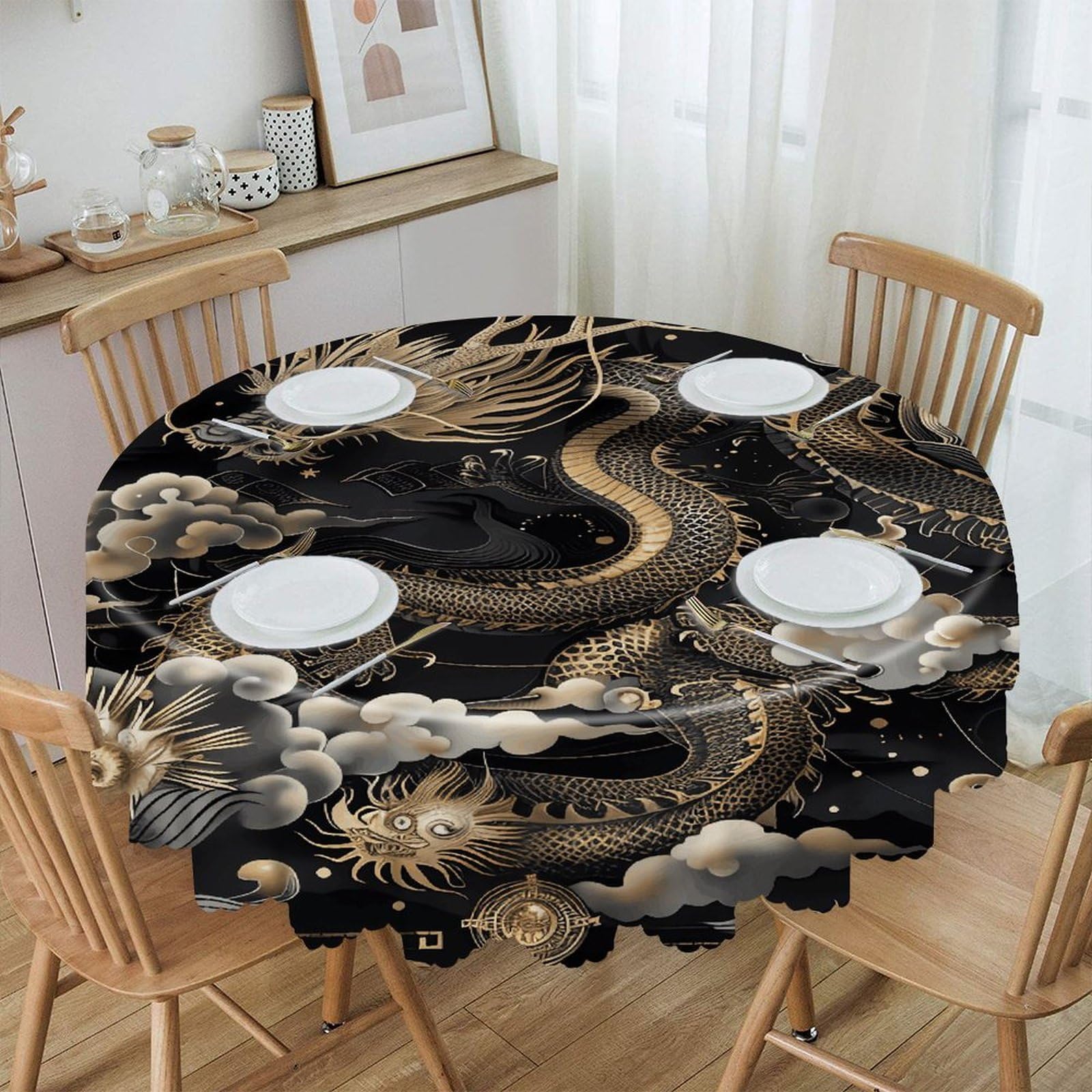 VstaDank Black Chinese Dragon Round Tablecloth Wipeable Round Polyester Tablecloth Waterproof Wrinkle Free Indoor and Outdoor Table Cover 60 Inch Decorative Farmhouse Table Cloth for Dining