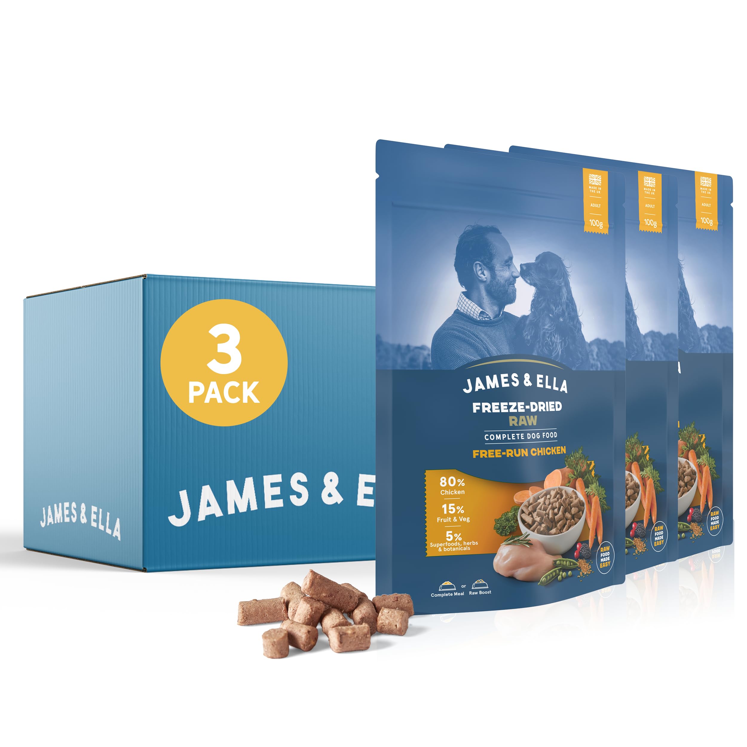 James & Ella Complete Freeze-Dried Raw Dog Food, Free Run Chicken (3 x 100g) Packed with Protein, Essential Oils & Minerals | Lightweight & Gluten Free | 80% Meat with Fruit, Vegetables & Superfoods