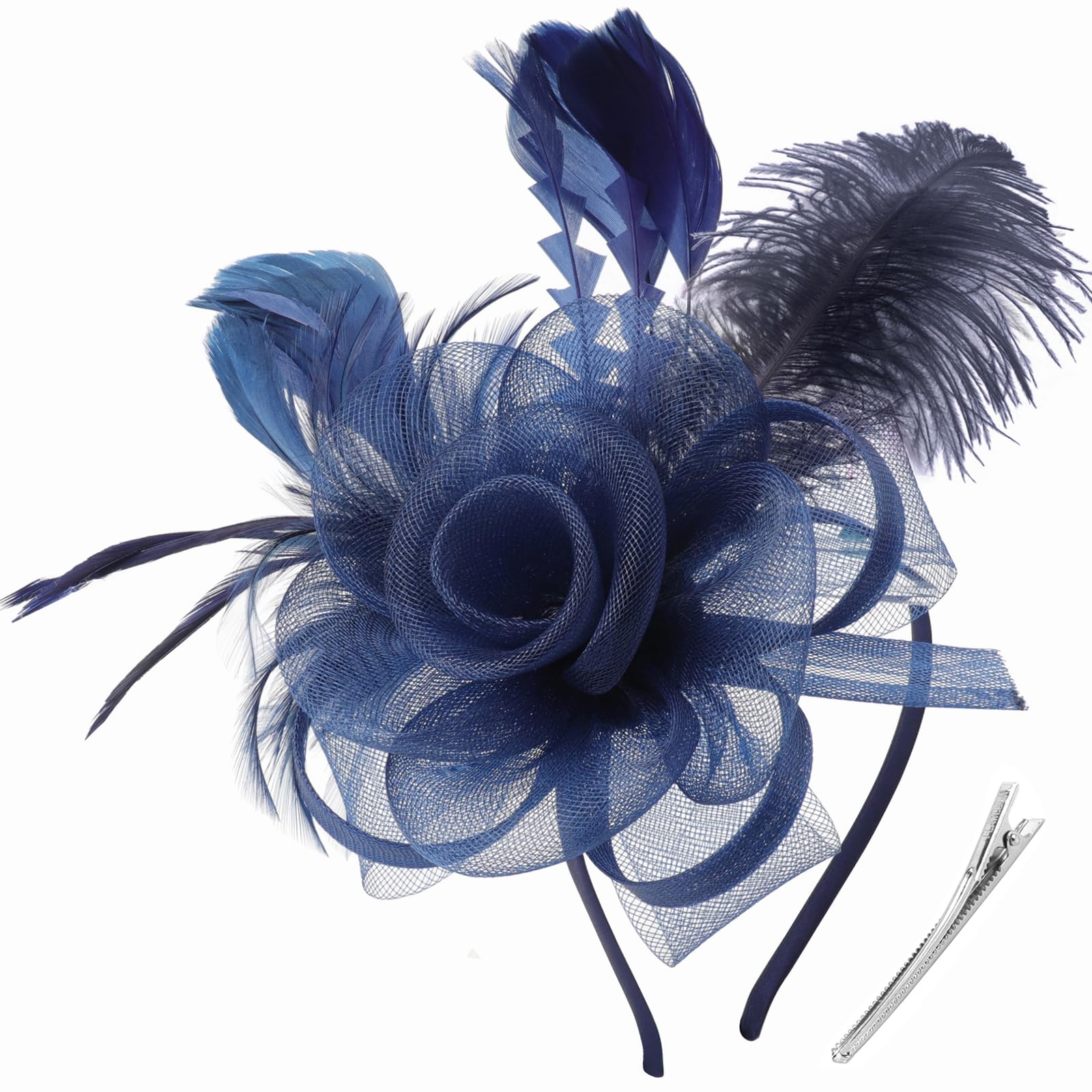 DRESHOW Fascinator Hüte Blumen Mesh Bänder Federn auf Einem Stirnband und Einem Geteilten Clip Cocktail Tea Party Headwear für Mädchen und Damen