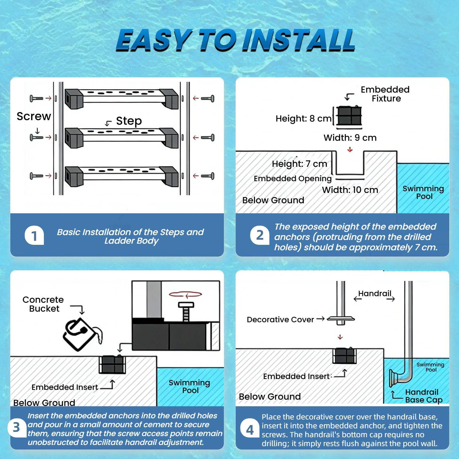 Scala per Piscina in Acciaio Inox Resistente con gradini Antiscivolo, Facile da installare per Piscine interrate, per Uso Interno/Esterno, 2 gradini
