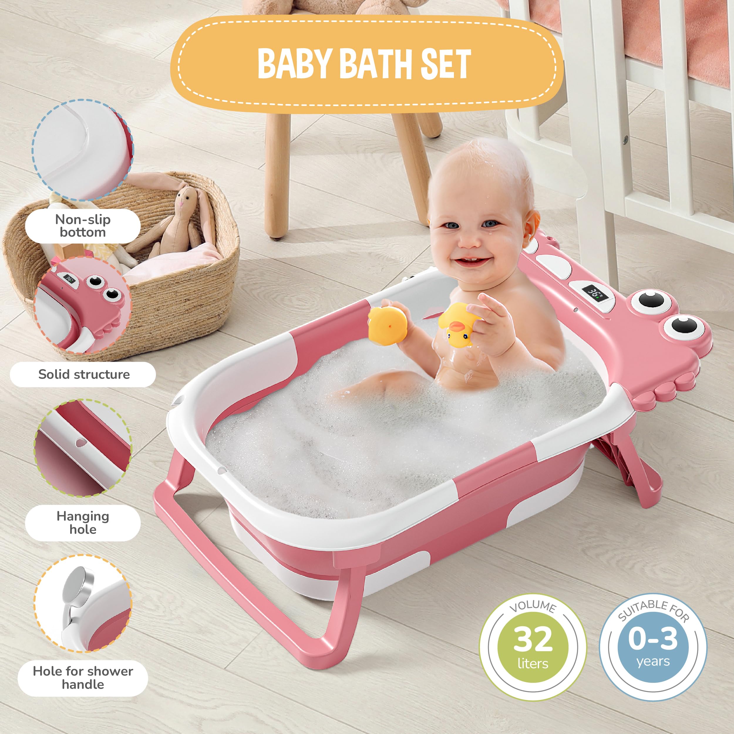 Bañera Plegable Bebé Con Cojín De Baño Antideslizante - Bañera Bebe Plegable Con Termómetro - Asiento bañera Bebe - Desde El Nacimiento Hasta Los 3 Años - Regalos De Nacimiento (ROSA, DINO)