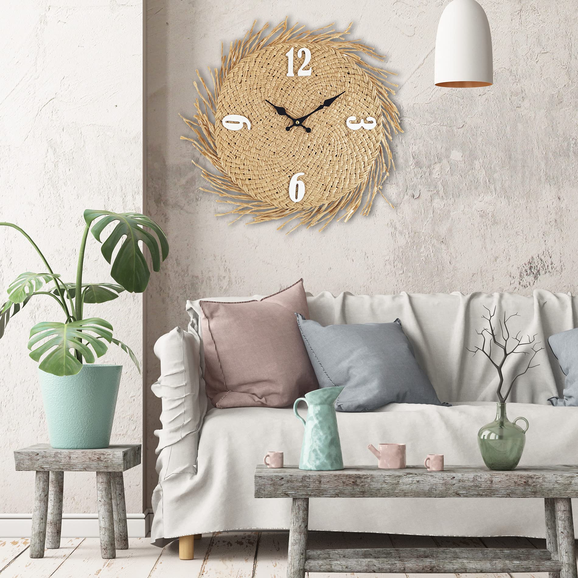 Rebecca Mobili Orologio Per Muro, Orologi Da Parete Paglia Mdf, Beige, Stile Rustico, Arredo Cucina Soggiorno - Misure: 45 x 45 x 4,5 cm (HxLxP) - Art. RE6593