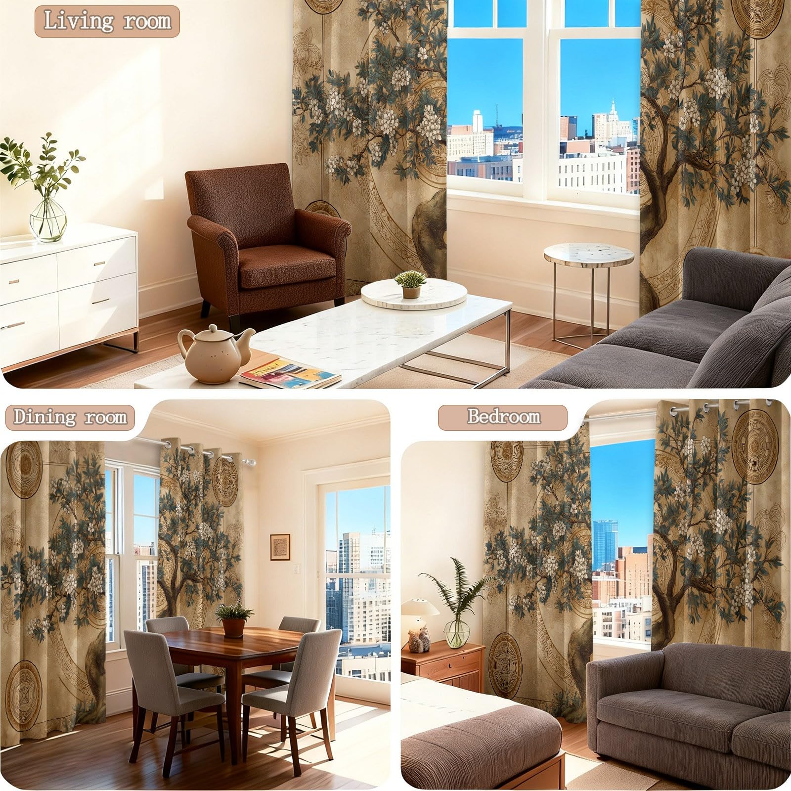 Verdunklungsvorhänge Braunes Vorhänge Blickdicht H 220 x B 140 cm, Gardinen Ösen Vorhänge Wohnzimmer Schlafzimmer, Japanischer Stil Tuschemalerei Bäume Blumen Fenster Verdunkelung Thermovorhang