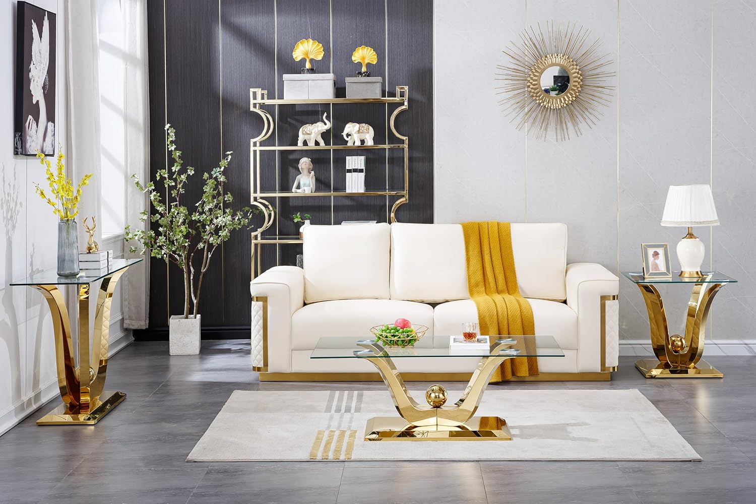 Modern 4 Piece Coffee Table Table Set, Tempered Glass Console Table and End Table Sets with Polished Stainless Steel Flower Shaped Base, Luxury Living Room Table Set for Apartment Home Decor, Gold