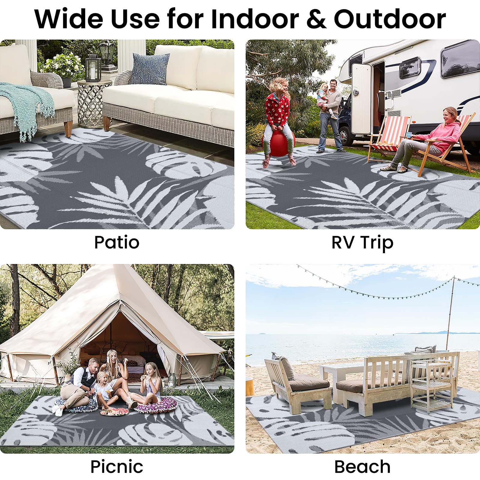 Homaxy Alfombra impermeable para exteriores, antideslizante, reversible, de plástico, para jardín, fácil limpieza, para camping, patio, playa, picnic, patio trasero, 270 x 360 cm, blanco y gris