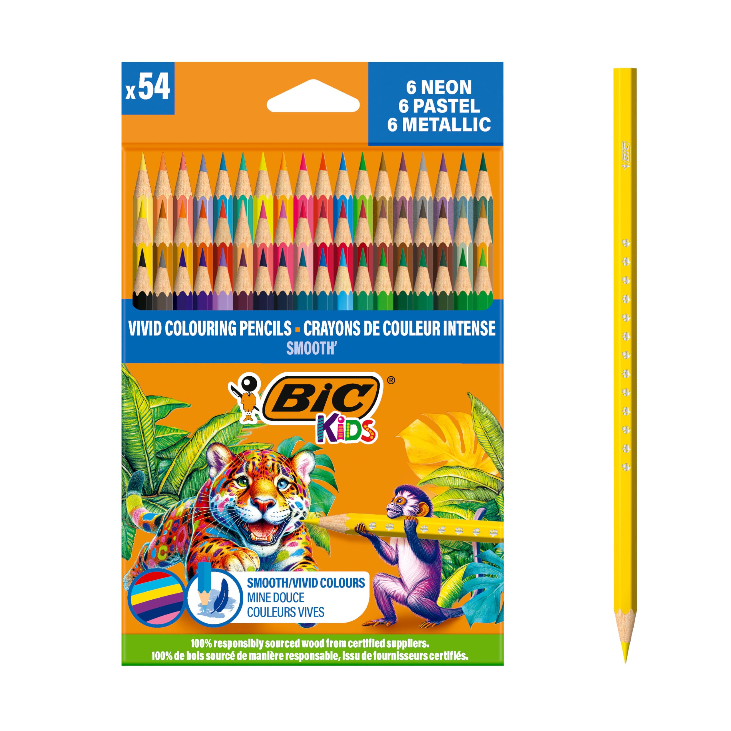 Matite per colorare BIC Kids Smooth realizzate al 100% con legno proveniente da fonti responsabili - Colori standard, metallizzati, pastello e fluo assortiti, Confezione da 54