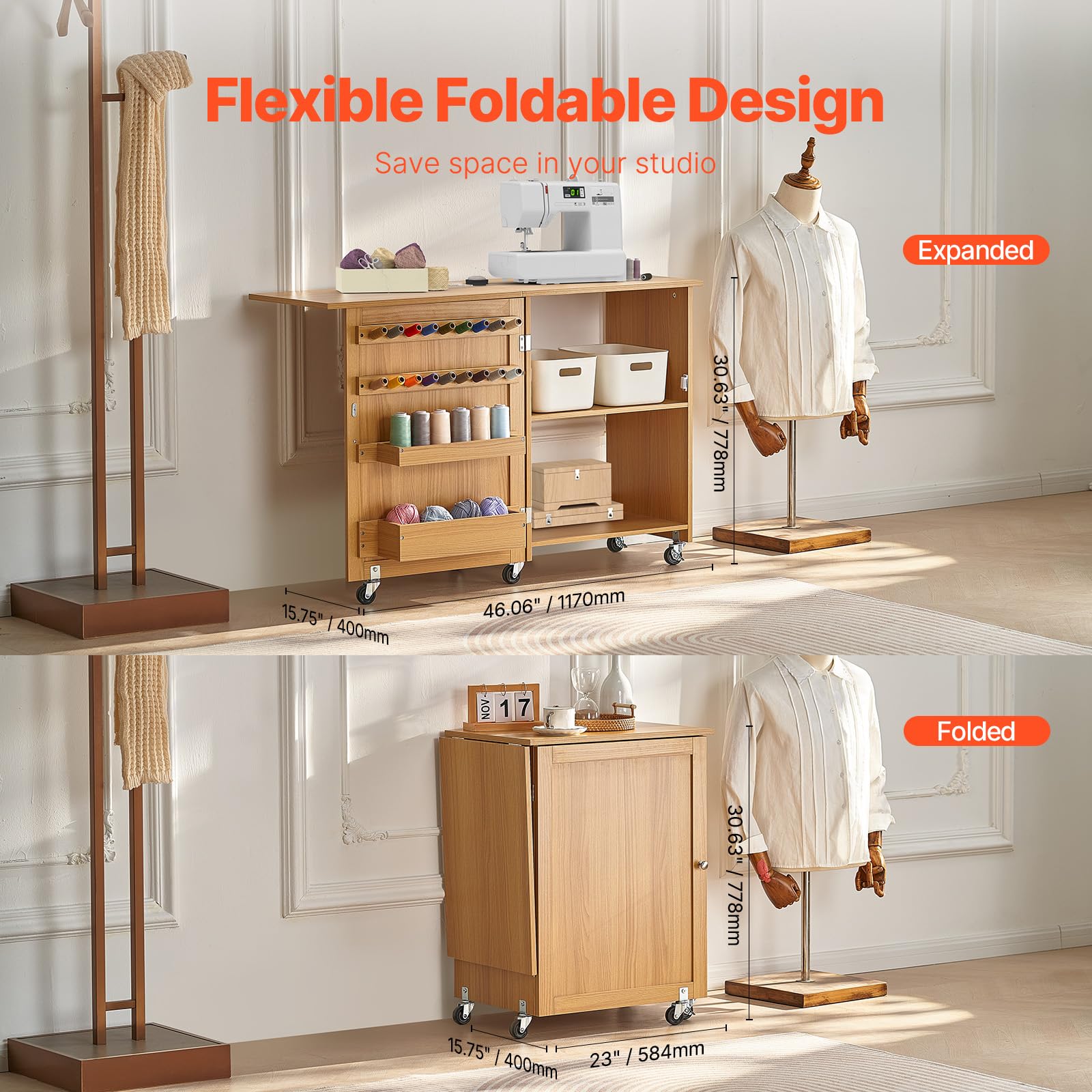 VEVOR Mesa de Costura Plegable Mesa Multiusos para Máquina de Coser con Diseño Compacto, Ruedas Bloqueables, Estantes, Bandejas de Almacenamiento, Clavijas de Madera y Puertas Magnéticas, Color Madera