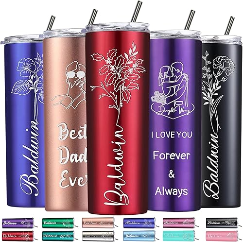 Regalos personalizados para mujer, vaso personalizado grabado con flor de nacimiento de 20 onzas, vaso delgado con nombre personalizado con tapas y