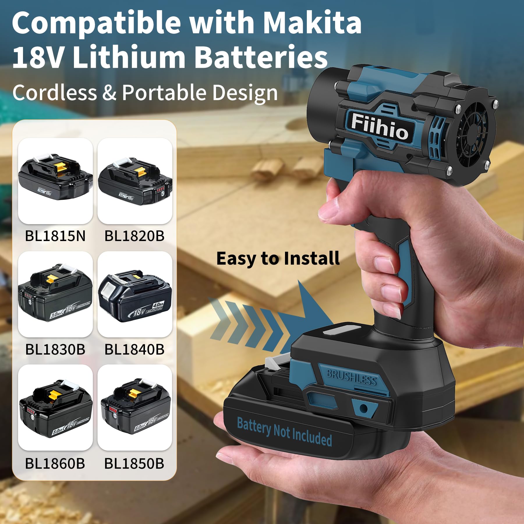 Soplador de hojas inalámbrico, motor de alta velocidad sin escobillas, 100000 rpm, compatible con batería Makita de 18 V, sopladores de aire para oficina, hogar, limpieza de talleres (sin