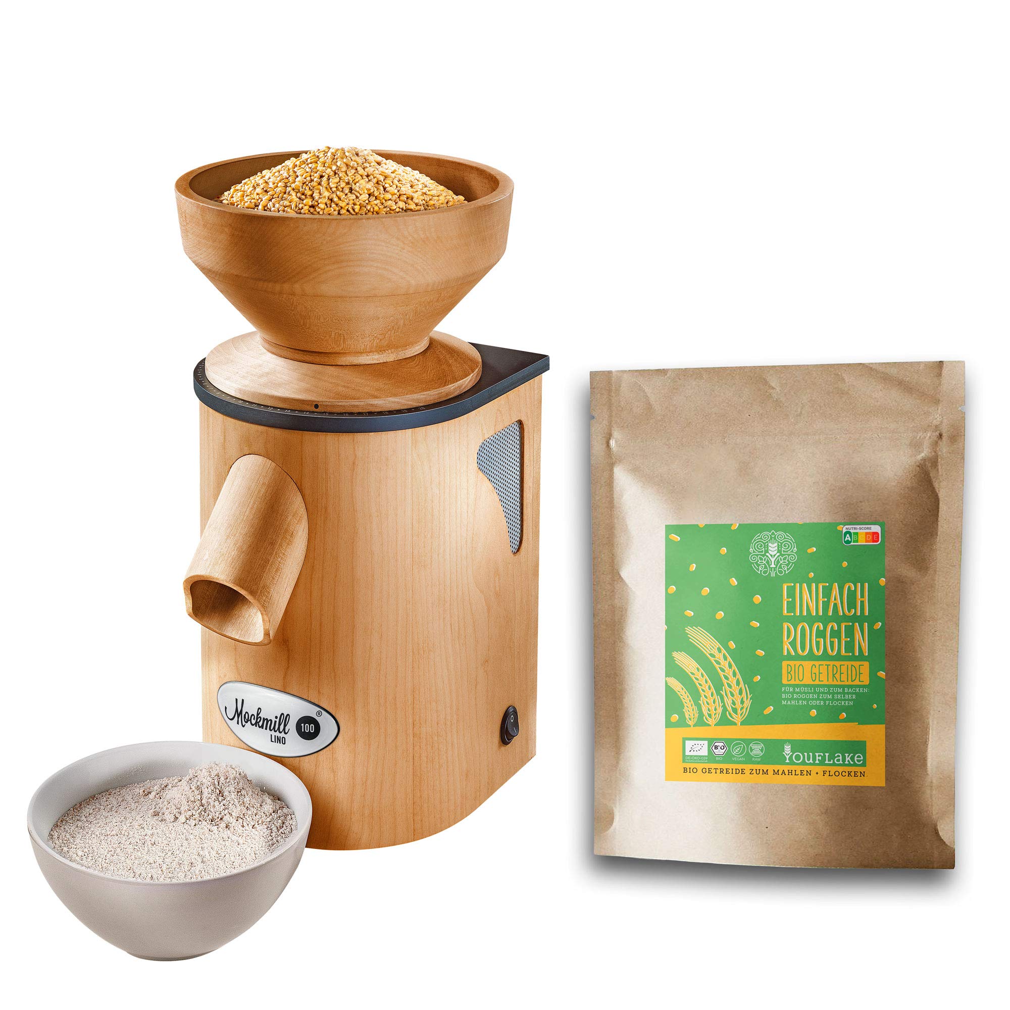 Mockmill Lino 200 młynek do zbóż | Made in Germany | korund szlachetny i ceramiczny kamień mielący | świeża mąka | (Lino 200 + 2,5 kg bio żyta)