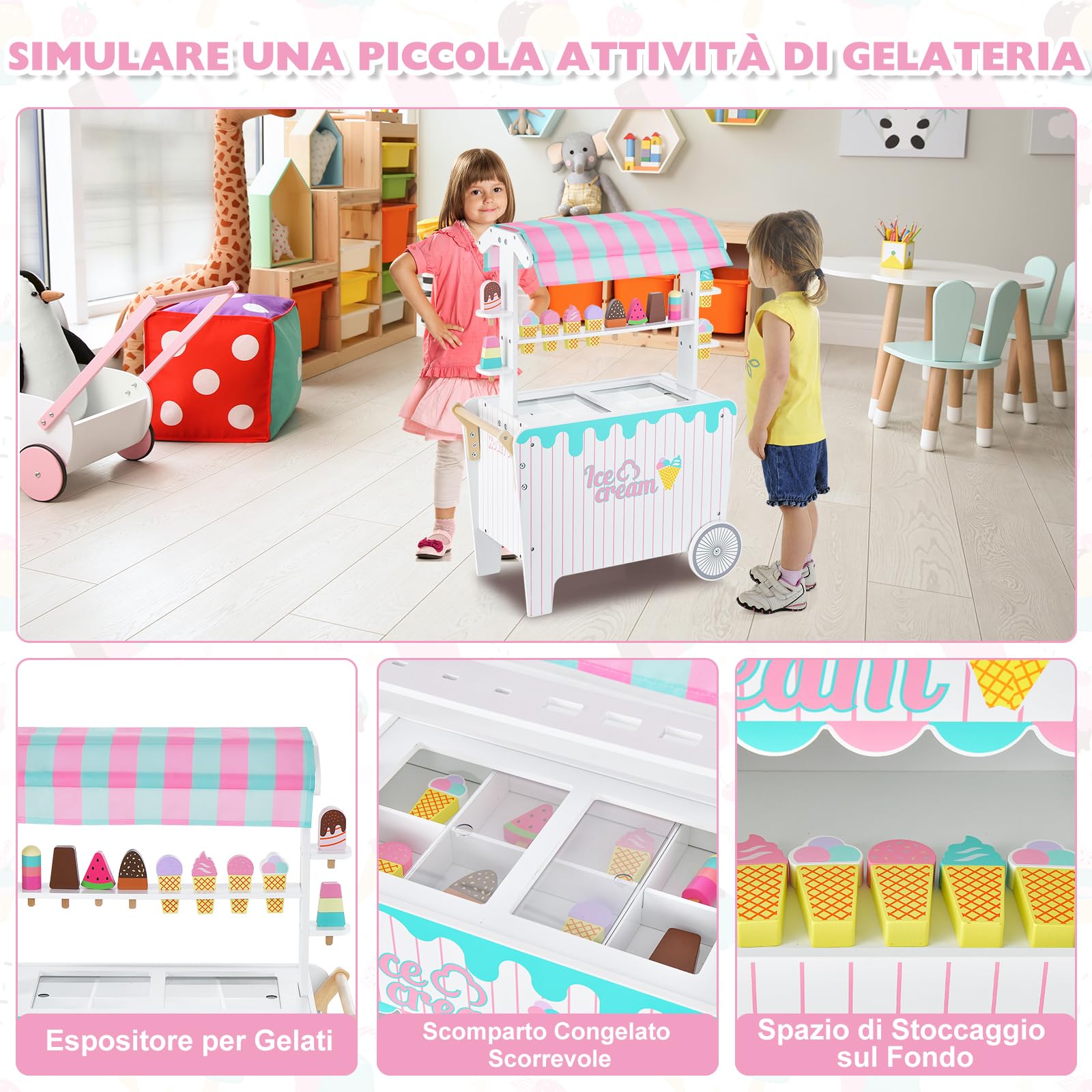 GYMAX Carrello dei Gelati per Bambini con 2 Ruote, Tettuccio Unico, Supporto per Commercianti con Ripiano Espositivo e Scomparto per il Congelatore, Giochi d'imitazione per Bambini 3 Anni+
