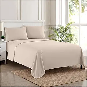 RV Queen Bed Sheets - Breathable Luxury Sheets with Full Elastic & Secure Corner Straps Built In - 1800 Supreme Collection Extra Soft Deep Pocket Bedding Set, Sheet Set, RV Short Queen, Beige