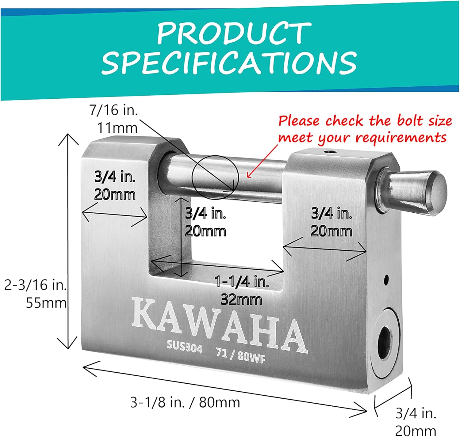 KAWAHA 71/80KA-3K Stainless Steel D-Shaped Padlock with Key for Garage Door, Containers, Shed, Locker and Warehouse (Keyed Alike - 3 Keys, 3-1/8 inch) - - 