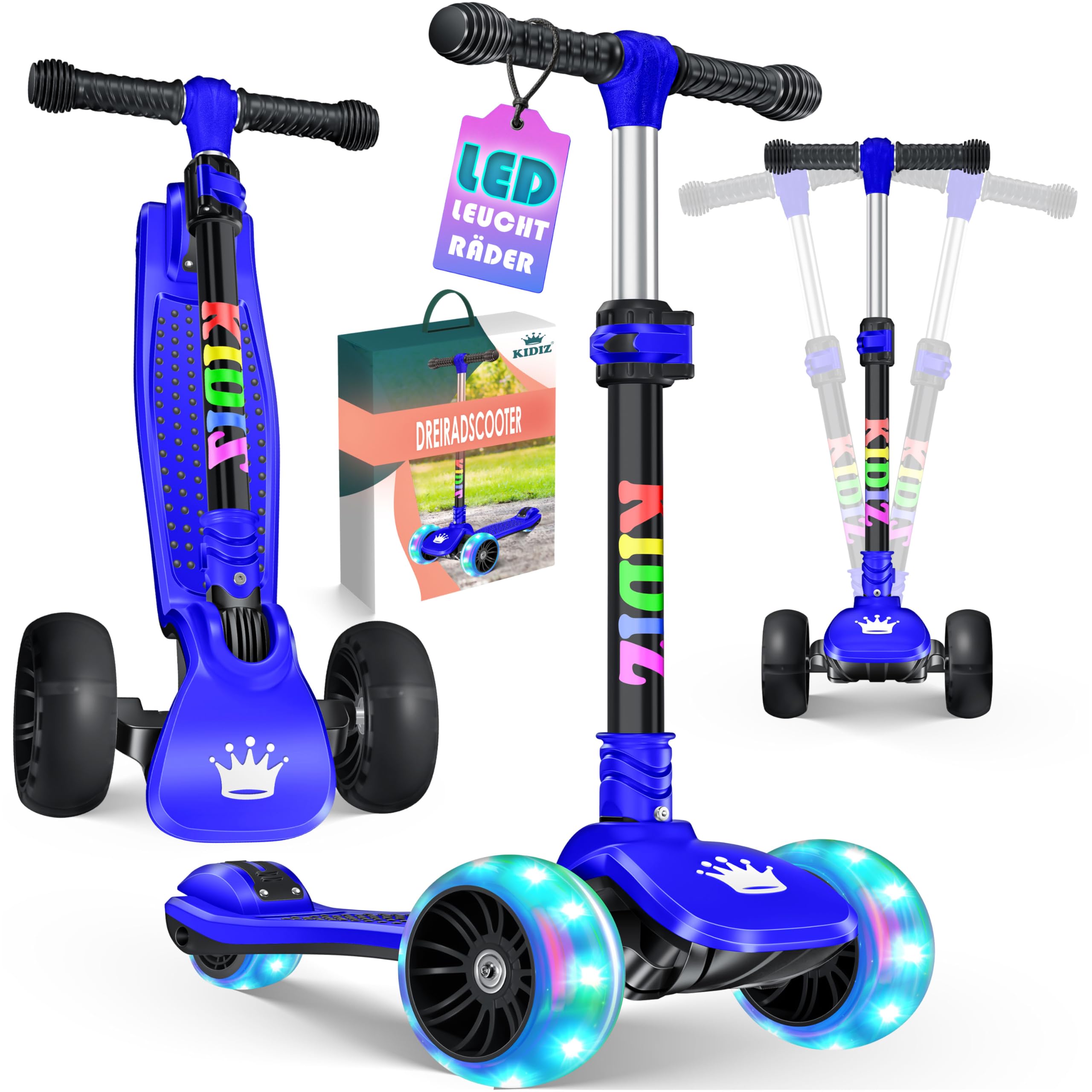 KIDIZ® Roller Kinder Scooter X-Pro2 Dreiradscooter mit PU LED Leuchtenden Räder Kinderroller faltbar Tret-Roller höhenverstellbarer Cityroller Kinderscooter für Jungen Mädchen 3-12 Jahre, Blau