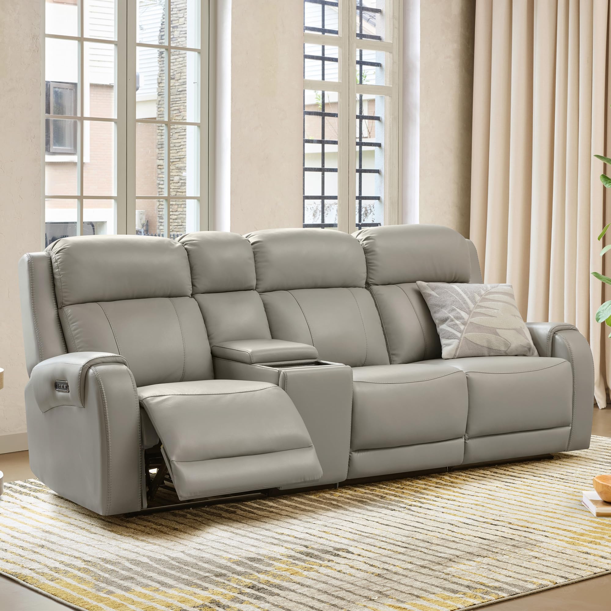 CHITA Genuine Leather Power Recliner Sofa, 3 Seater with Console, Grey