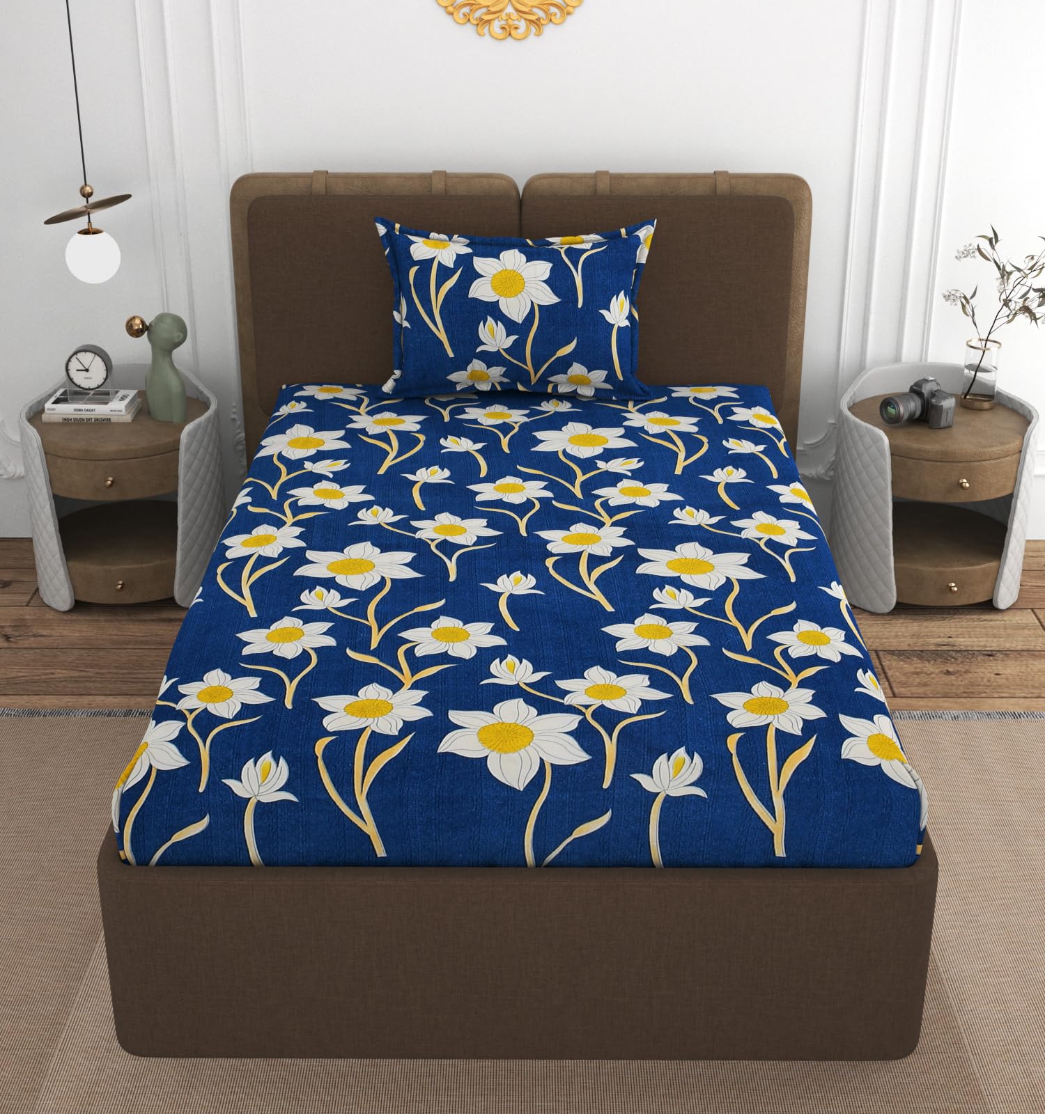 VOMZER 300 Tc Cotton Elastic Floral Fitted Bedsheets Single Bed With 1 Pillow Cover|Single Bed With All Around Elastic,Size 36 X 72 X 8 Inches,Lotus,Small Single,Blue