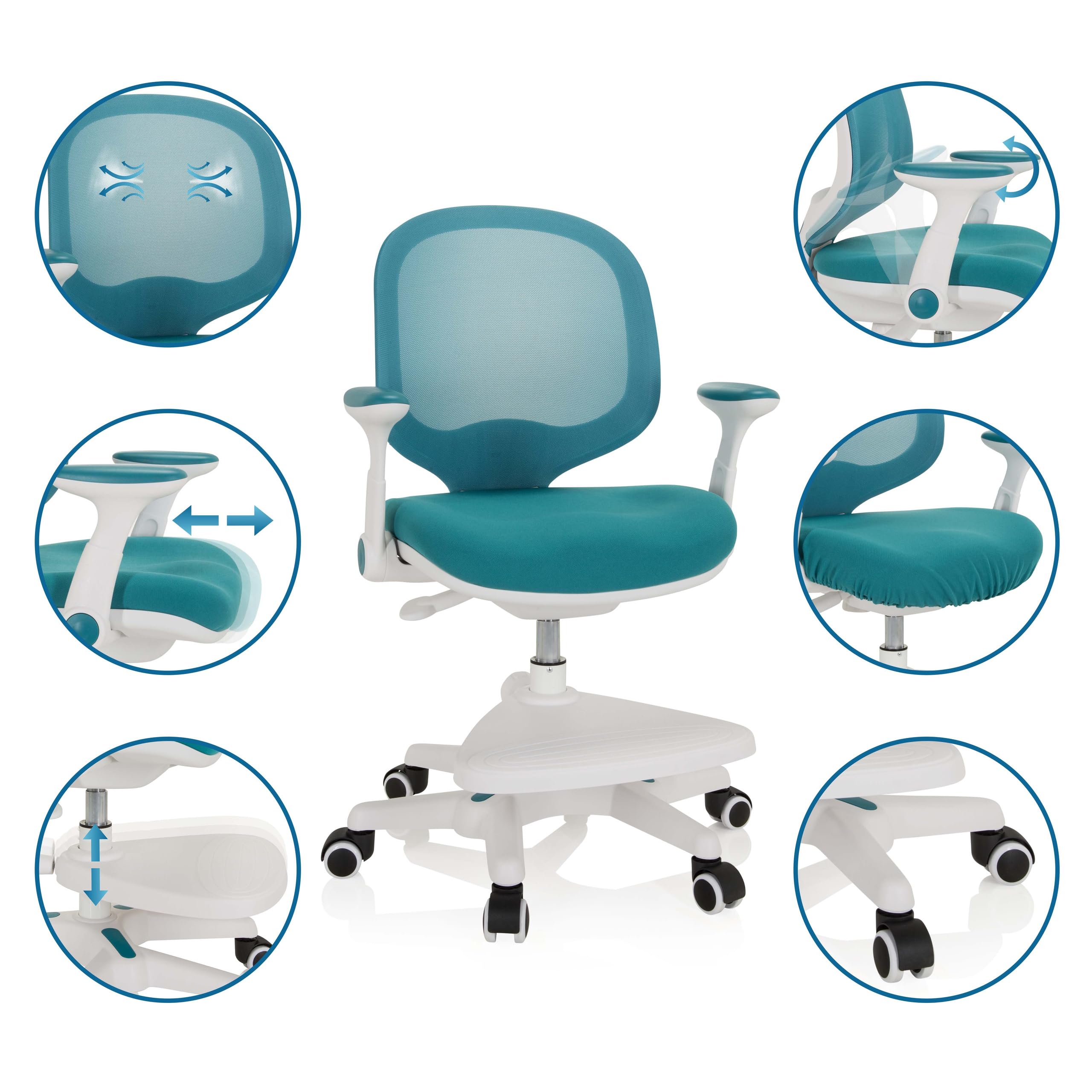 hjh OFFICE Silla para niños Silla giratoria Kid Ergo Tela/Tejido de Malla Práctico reposapiés Regulable en Altura Azul