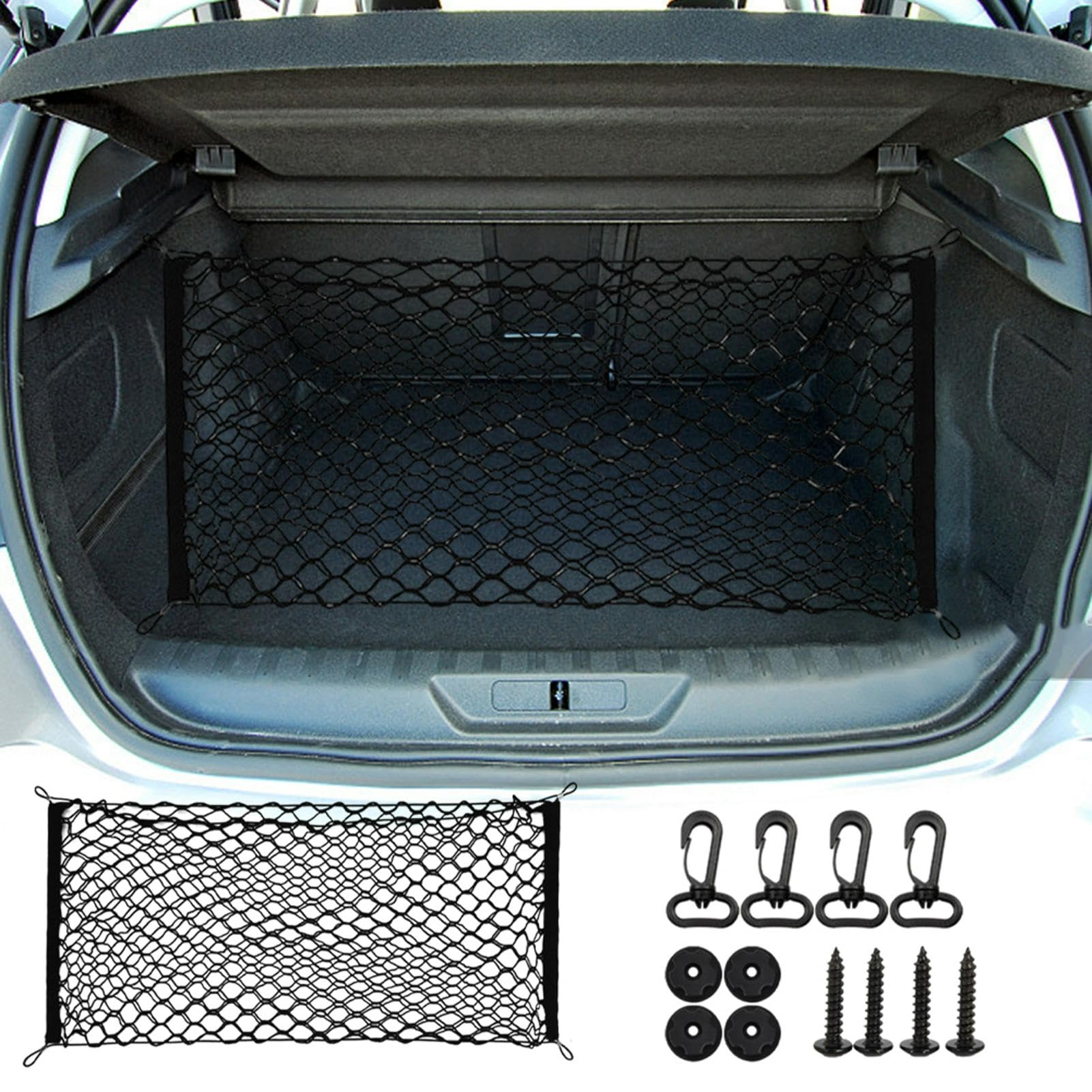 POHOVE Luggage Net,Car Cargo Net,90cm x 40cm Car Boot Net Trunk Cargo Organizer Storage High Elastic Envelope Net Mesh with Mounting Screw for SUV,Pickup,Truck Bed or Trunk