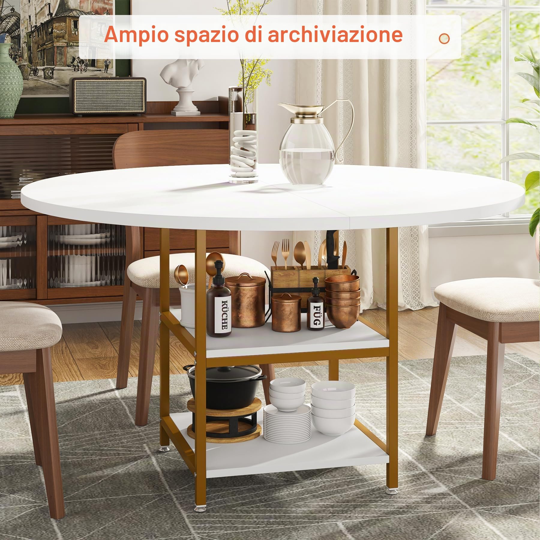 Tribesigns Tavolo da Pranzo Rotondo per 4 Persone, 120 x 75 cm (Diametro x A), Stile Industriale, Tavolo da Cucina in Legno con Ripiano per Sala da Pranzo di Casa Soggiorno, Bianco/Oro