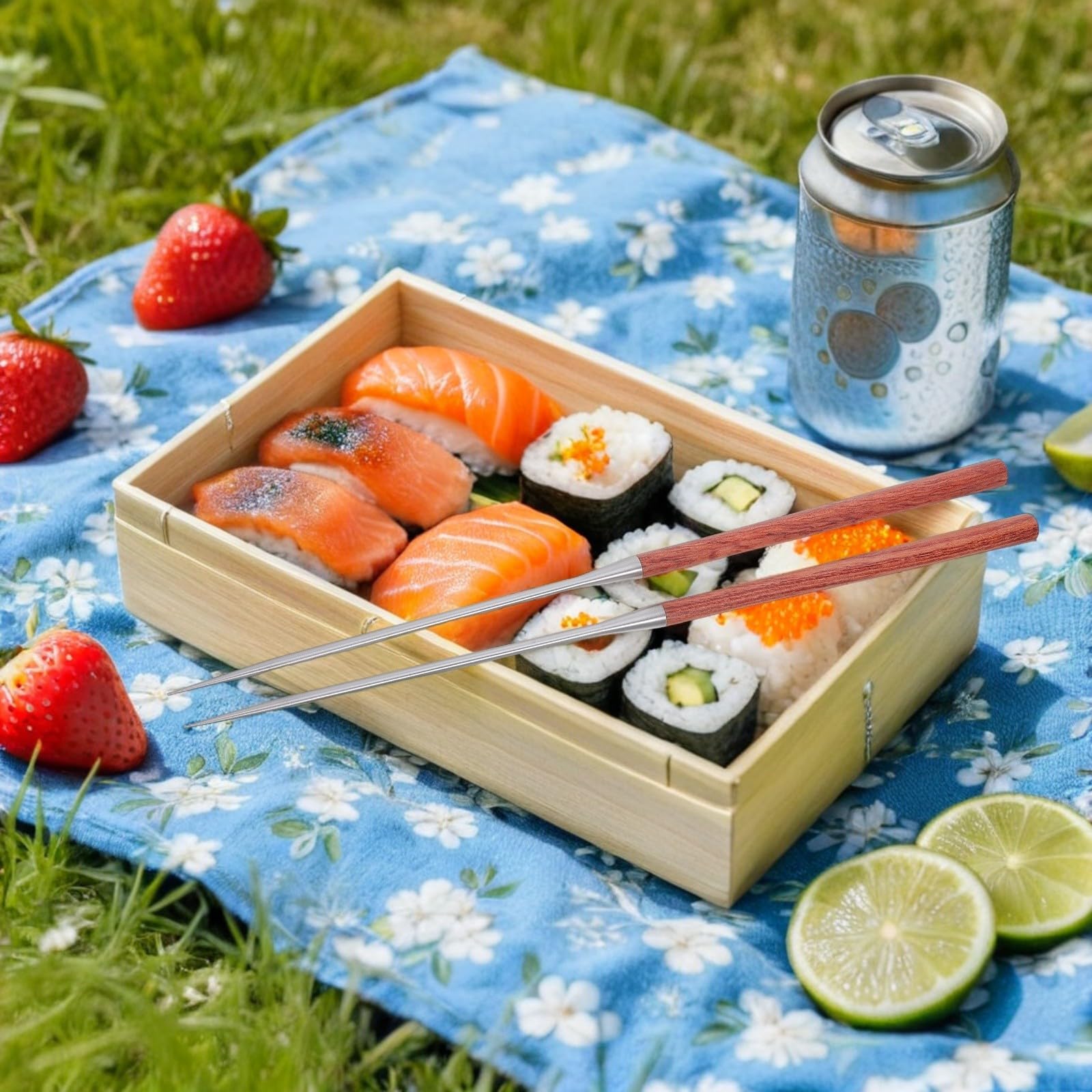 SOLUSTRE Bacchette per Sushi in Acciaio Inossidabile Manico in Legno Rinforzato e Punta Affilata, Antiscivolo, per Cucina e Ristorante, Stile Asiatico Semplice