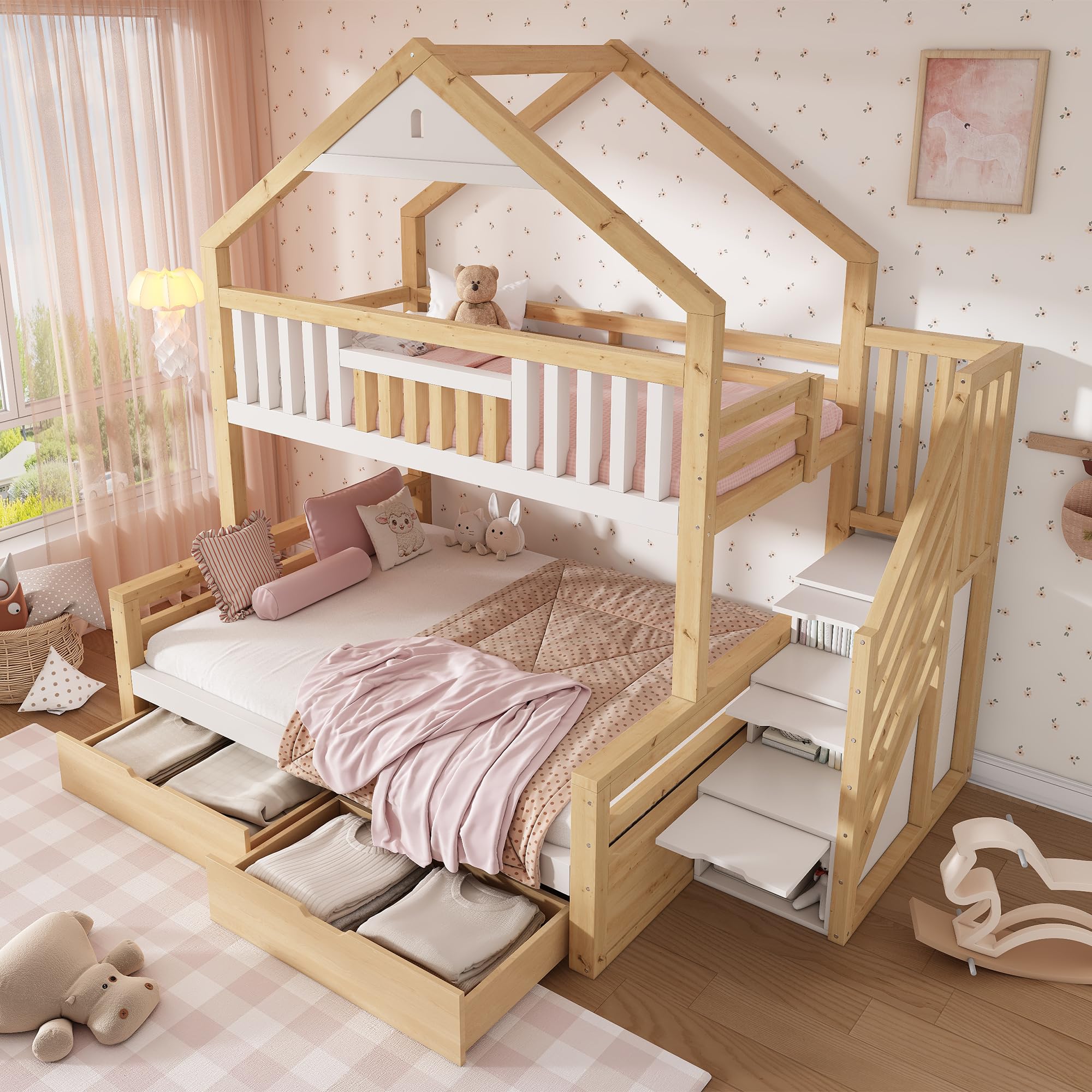 Shye Litera de madera con escalera, 2 cajones, techo a dos aguas, cama familiar, color blanco y roble (sin colchón)