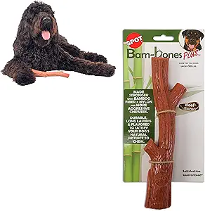 SPOT Bam-Bones Plus Branch -Bamboo Fiber & Nylon, Durable Long Lasting Dog Chew for Aggressive Chewers – Great Toy for Adult Dogs & Teething Puppies Under 90lbs, Non-Splintering, 9.5in, Beef Flavor