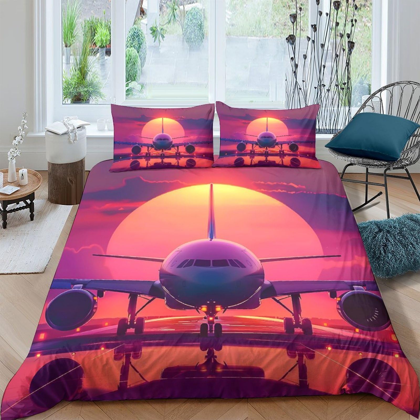 Ctjqhvkz Style-1 3D Printed Sunset Airplane Fitted Sheet Microfiber Soft Bed Cover For Bedroom Decor Dorm Guest Room Protection Single（135X200cm）