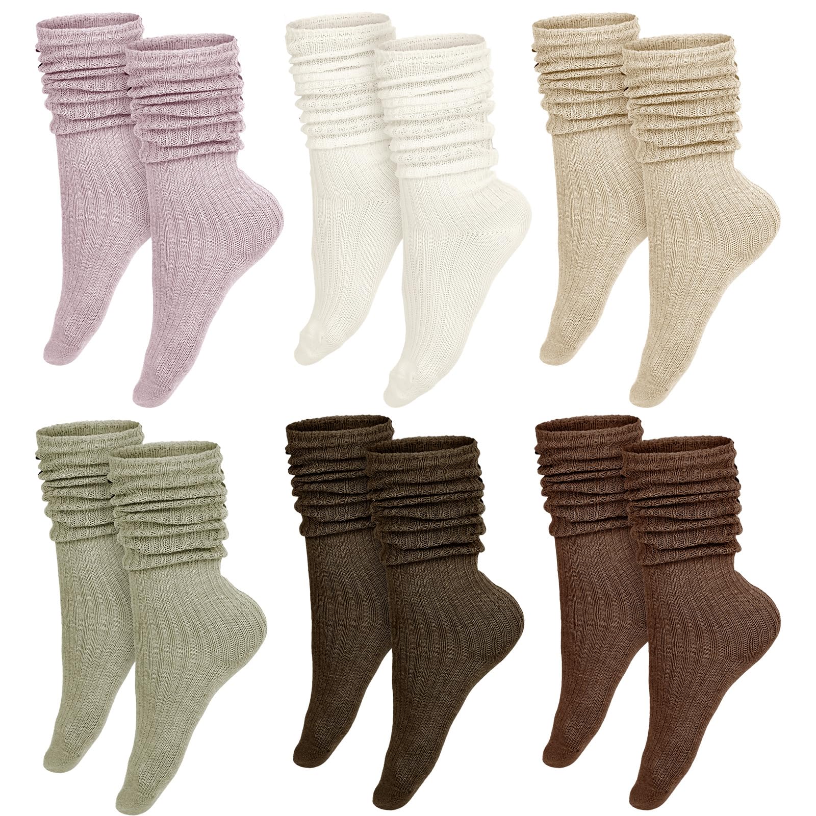 Bencailor 6 Pairs Women Slouch Socks Thigh High Boot Cotton Scrunch Stacked Socks Long Striped Winter Stockings for Woman, Cream Coffee, 4-8 UK