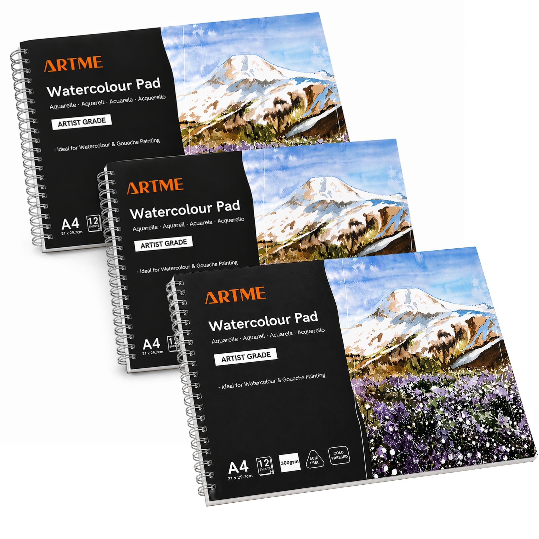 Artme White A4 Watercolour Pad, 300Gsm, 12 Sheets, Cold Pressed, Acid-Free, Dual Textured Paper, Heavyweight Watercolor Sketchbook For Aquarelle, Gouache & Painting (3 Pack)