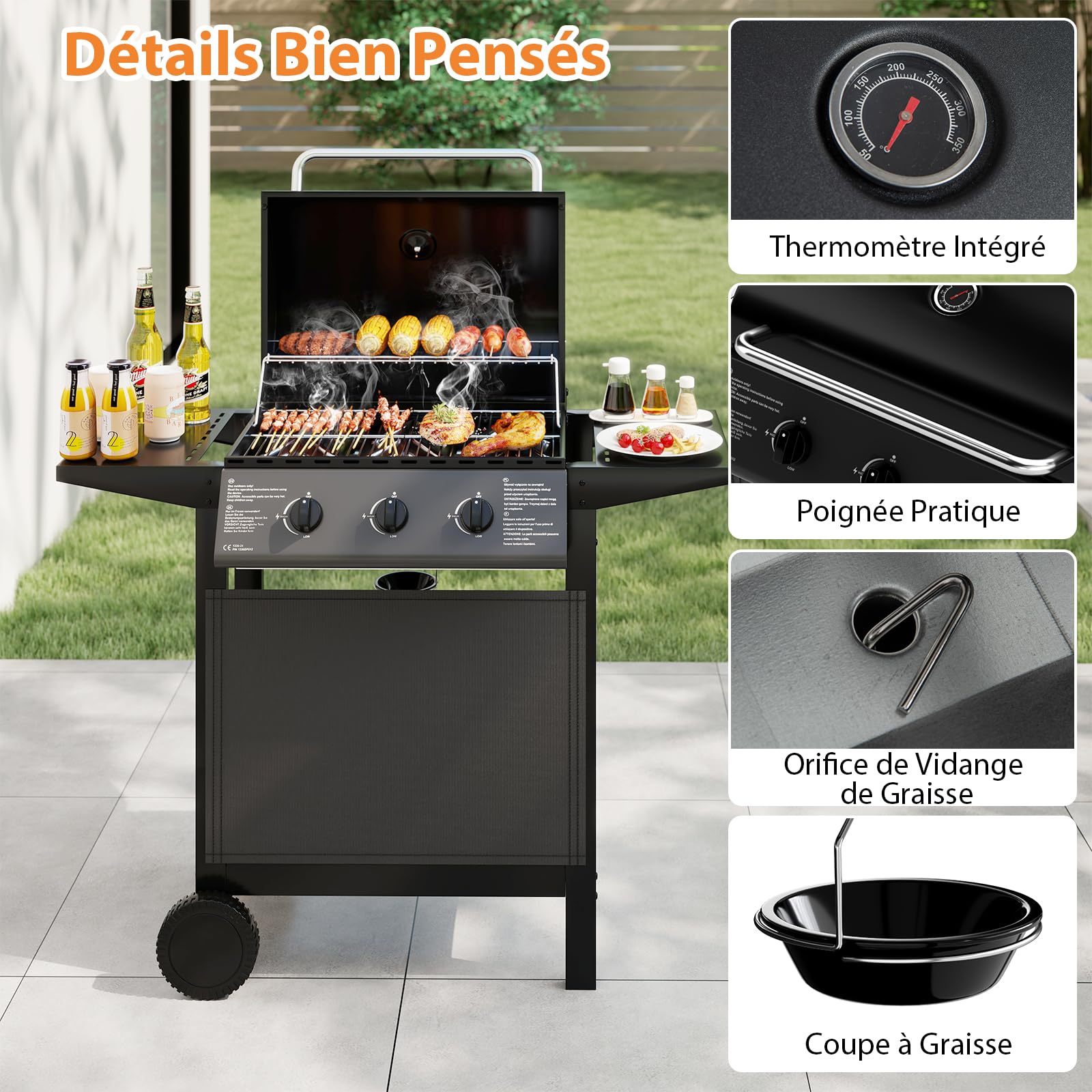 COSTWAY Barbecue Gaz Propane 3 Brûleurs, 24,000 BTU Gril à Gaz Extérieur avec Grilles en Acier Inoxydable Thermomètre 2 Tables Latérales, Chariot à Barbecue sur Roulettes pour Camping Jardin