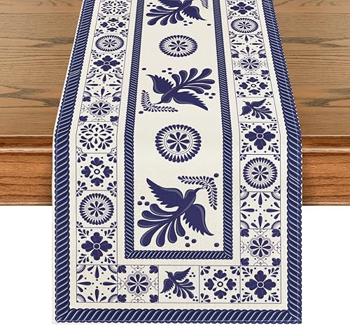 Artoid Mode Camino de mesa mexicano Dia De Los Muertos con diseño floral de pájaro, azulejos de retazos azules, decoración de mesa de comedor para