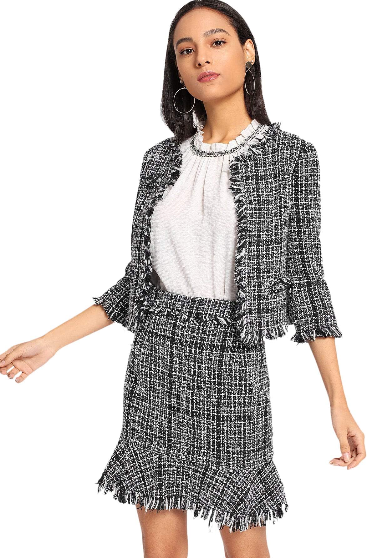 MakeMeChic Women's Frayed Tweed Blazer and Skirt Set 2-Multi XS