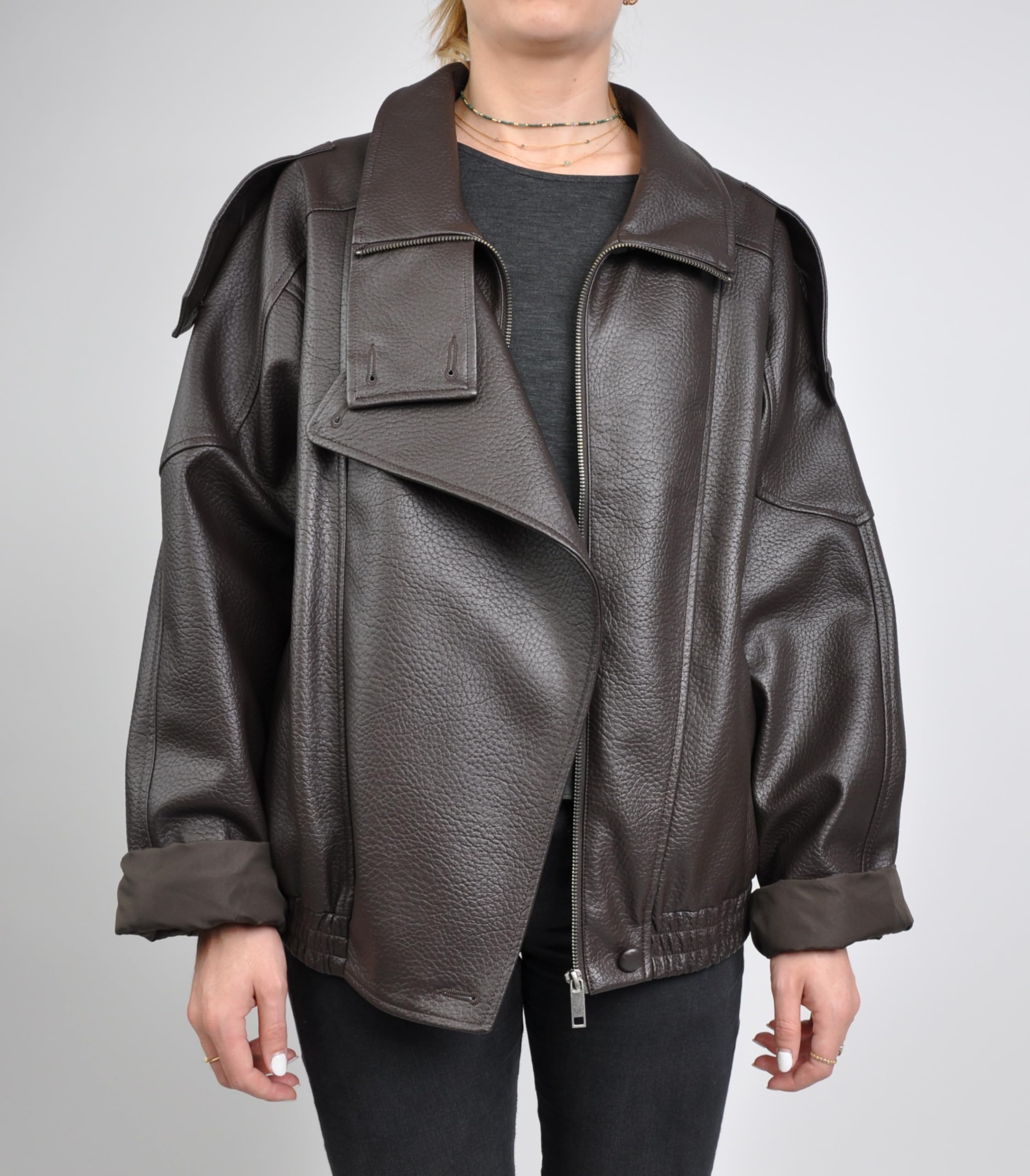 Blouson Biker Oversize en Similicuir Grainé, Col Montant, Style Perfecto