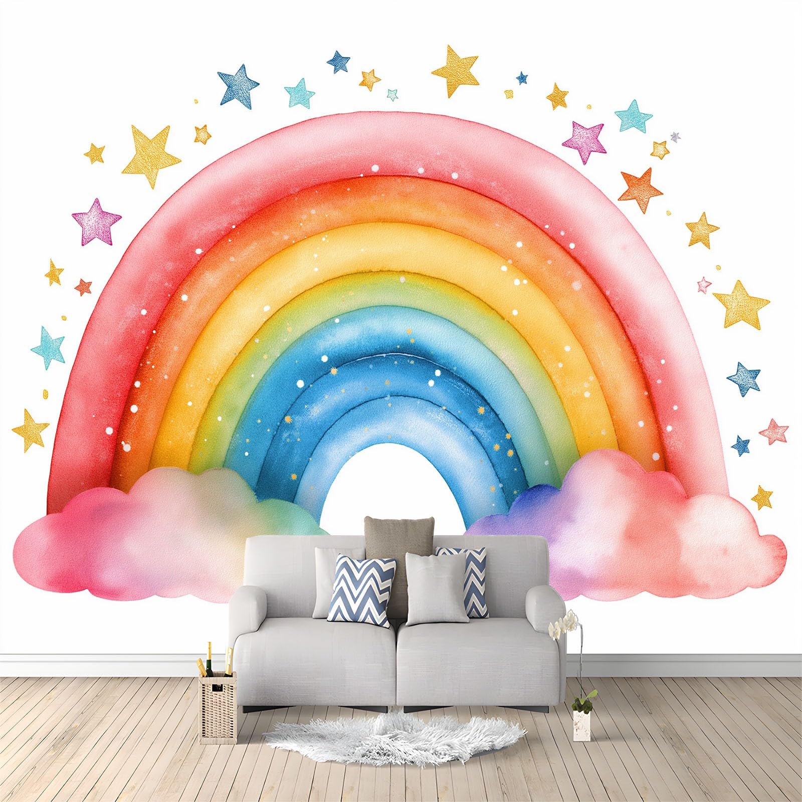 Panoramiczna tapeta 3D bajkowa tęcza gwiazdy różowe chmury 350 x 256 cm, tapeta z włókniny - fresk ścienny do salonu, sypialni i biura, dekoracja ścienna druk HD