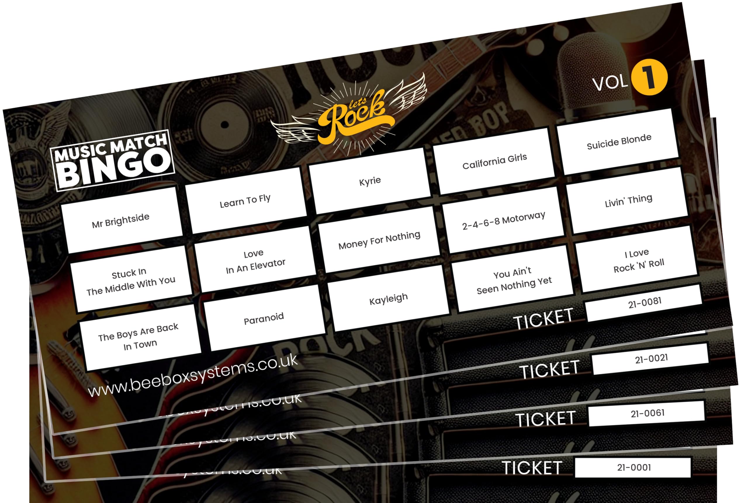 BeeBox Music Match Bingo Game Tickets, 120 Tickets Per Pack (Lets Rock Vol1)