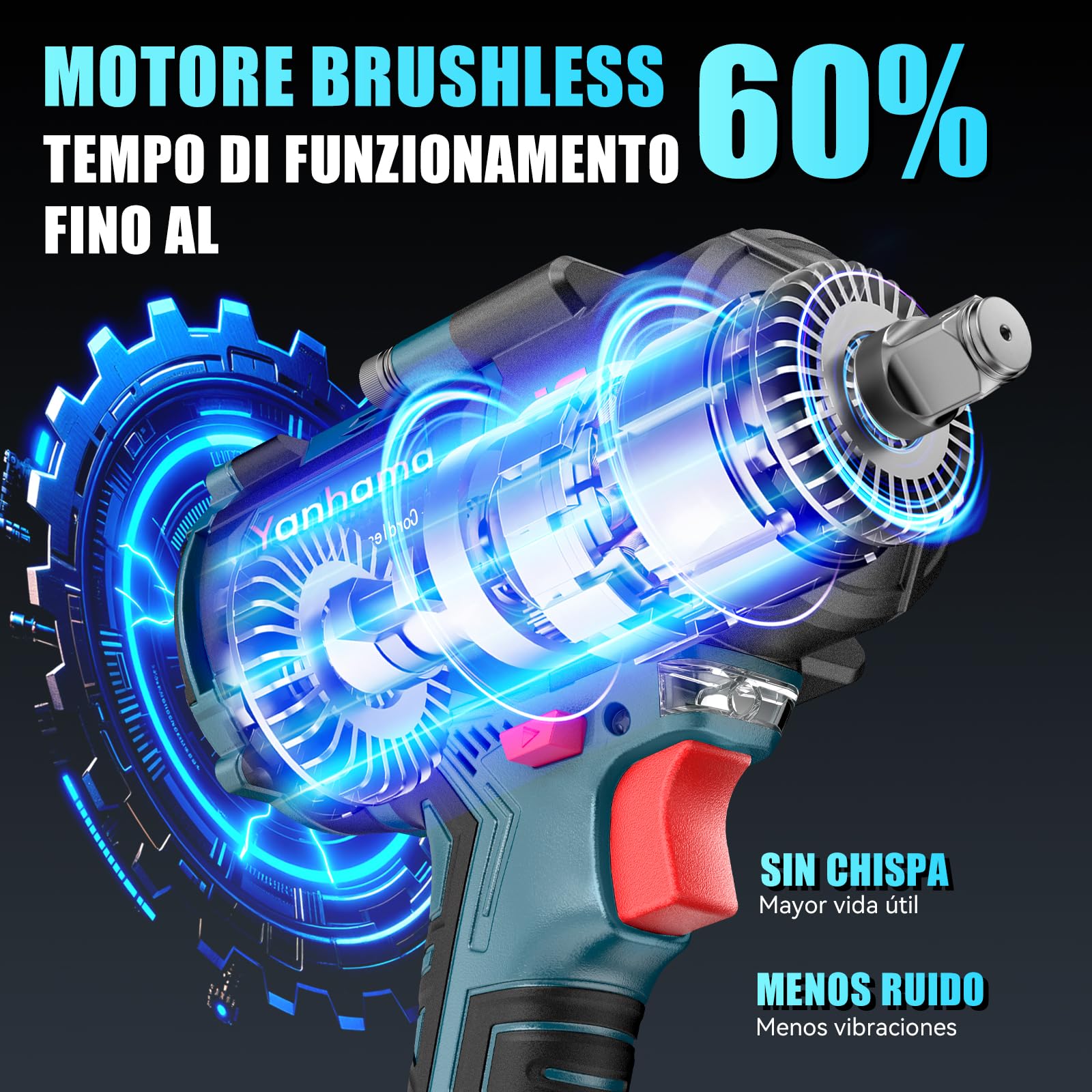 Yanhama Avvitatore A Impulsi 1400 Nm, Batteria 2 * 4500mAh, Kit Avvitatore A Percussione Senza Spazzole 21V Da 1/2 Pollici, 6 Prese, Per I Dadi Delle Ruote Dell'auto, Motocicletta, Camion