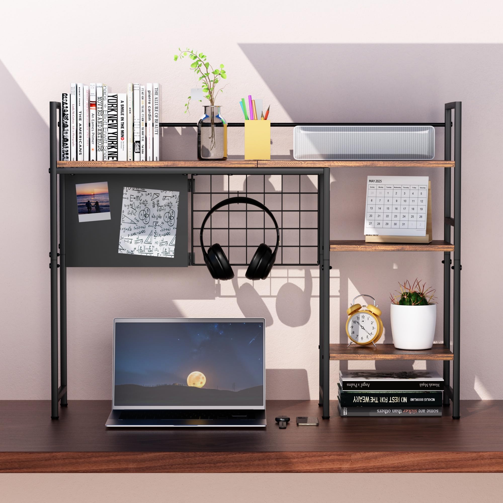 Schreibtisch-Bücherregal, 3-stöckig, 97,8 cm, Schreibtisch-Organizer, Regal und Computer-Monitorständer, dunkelbraun