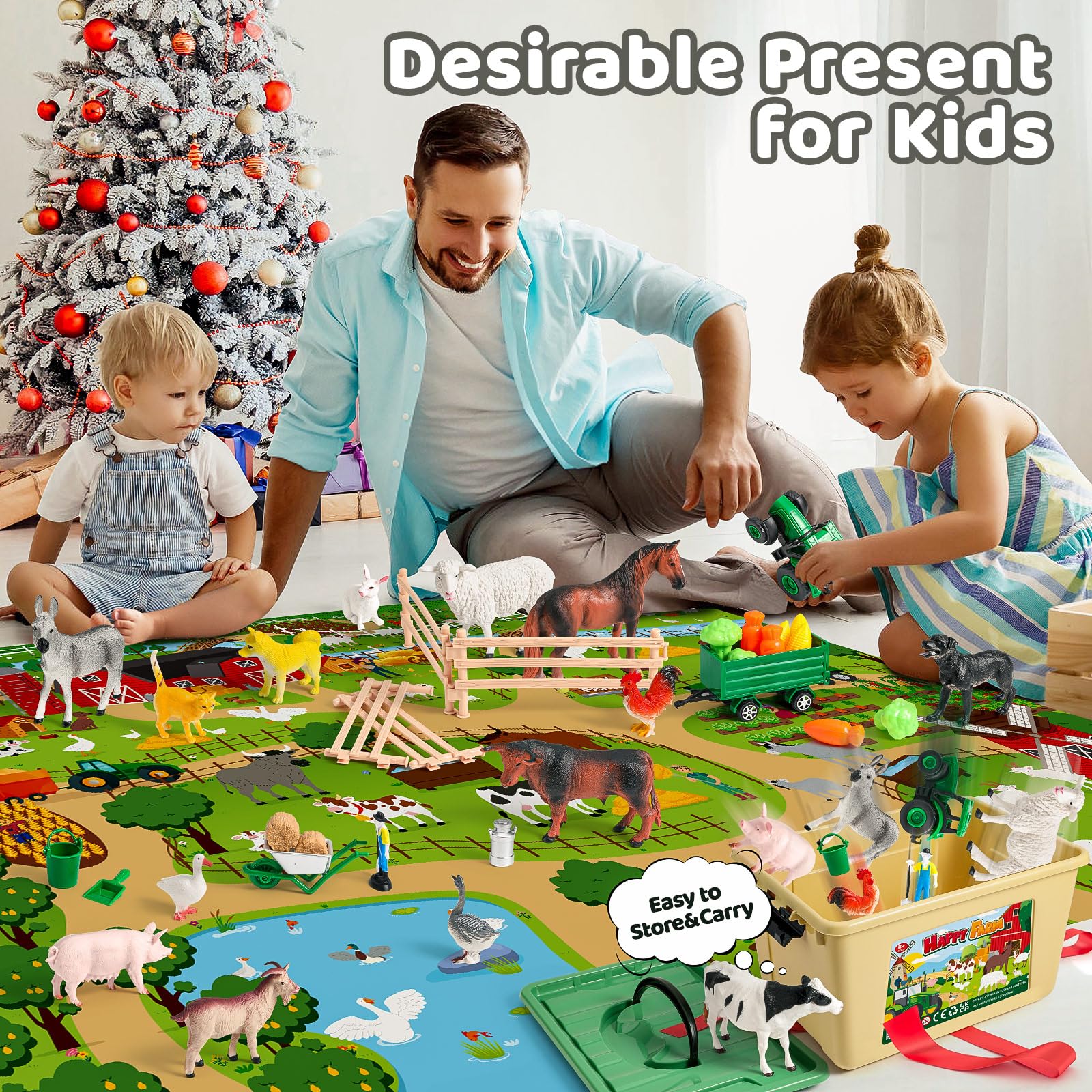 KNASON Animales Granja Juguete con Grande Tapete Juego 120x80cm,38 Pieza Animales de Juguete con Jumbo Figuras Animal,Tractor Juguetes y Granja Apero,Educativo Juguetes para Niños 3 4 5 6 Años