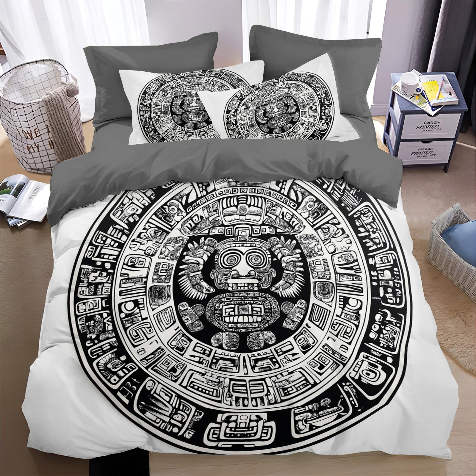 Boy Round retro print Bedding Duvet Covers Set Single,Kids Traditional Mexican ArtSoft Zipper Childrens Full Bed 3 Piece Quilt Covers and Pillowcases Bed Cover,Reversible Quilt Bedding Set